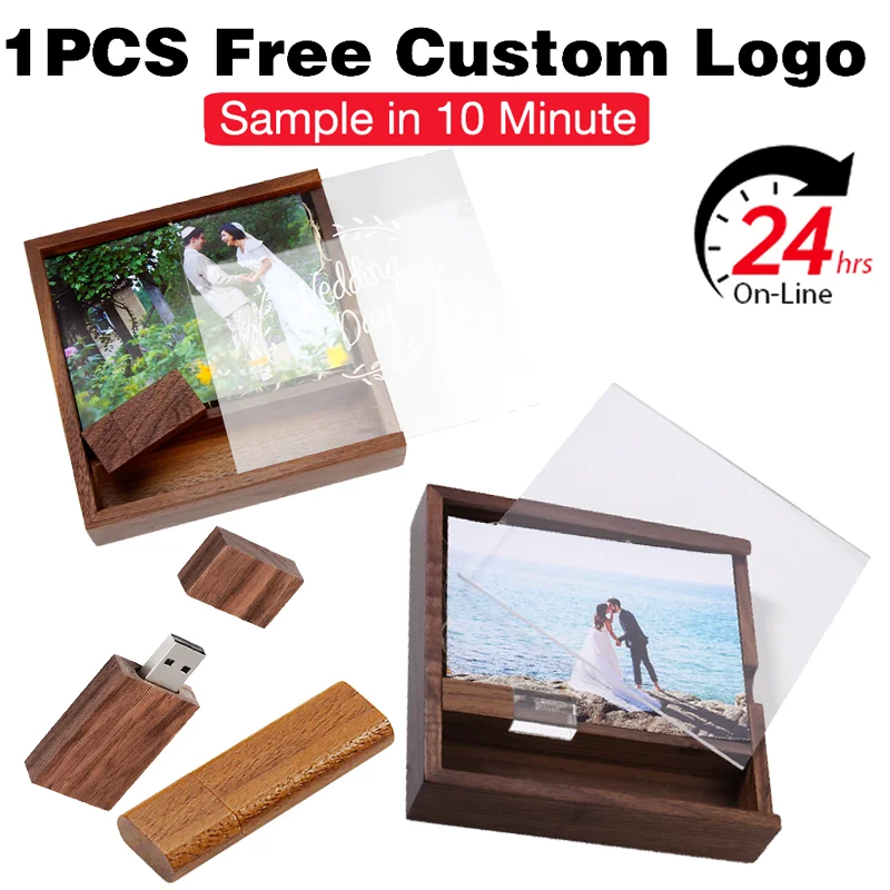 

Free Custom Logo USB 3.0 Flash Drive 128G 64G Transparent Cover Photo Album Memory Stick 32G 16G Wood Box Pen Drive Wedding Gift