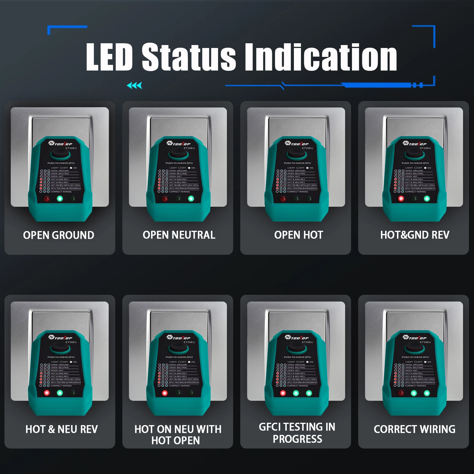 TOOLTOP ET30 GFCI Leitungssuchgerät Steckdosentester EU/US/UK Einstellbare Empfindlichkeit Diagnose von Elektroinstallationen in Wohngebäuden – Detail 8