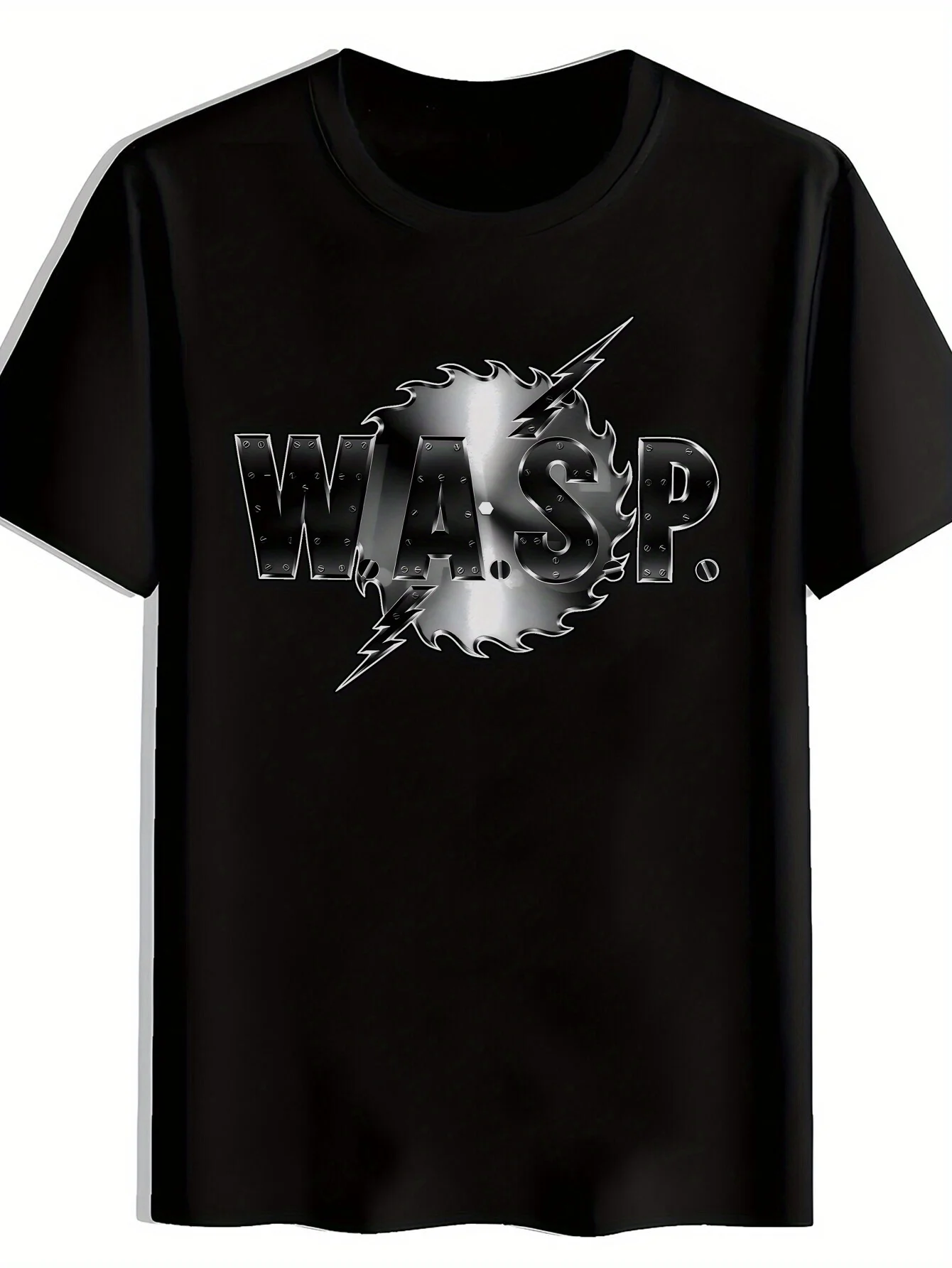 

Мужская черная футболка с графическим принтом «WASP» — дизайн ретро-рок-группы, круглый вырез с коротким рукавом, легкий полиэстер,