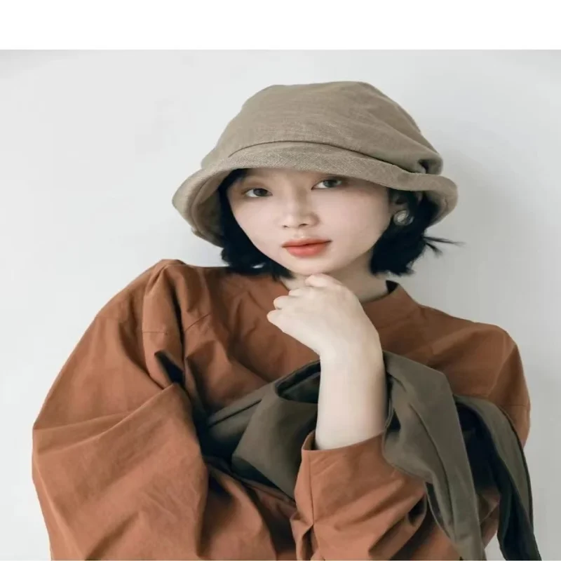 Japanese Cotton Linen Pleated Women Fisherman Hat Small Brim Summer UV Resistant Breathable Linen Basin Hat Wrapped Head Ladies