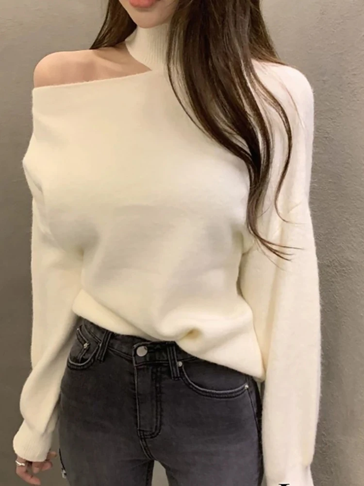 2024 Autumn Winter Women Turtleneck Sweater Oversize Warm Pullovers Sweater Long Sleeve Off Shoulder Loose Jumper