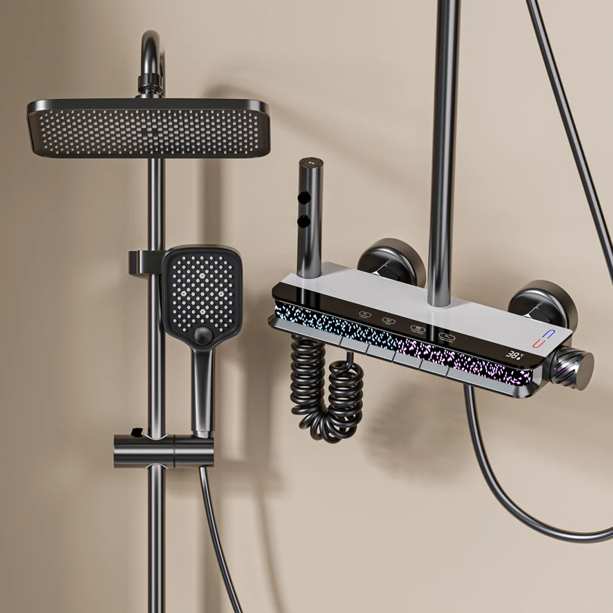 Ensemble de pomme de douche de salle de bains, miroir en laiton, contrôle de la température, robinet de baignoire, affichage numérique, douche de ferry d'eau, lumières étoiles complètes