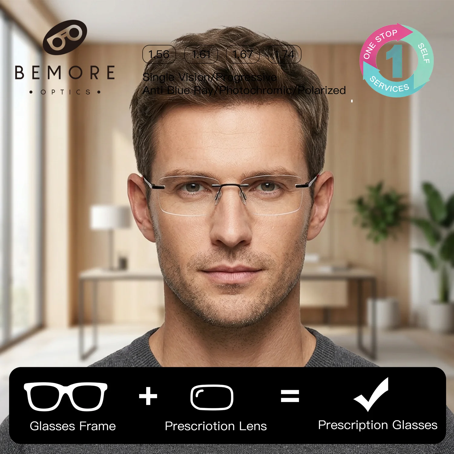 

BEMORE Rimless Alloy Photochromic Anti Blue Light Eye Glasses With Medical Prescription Glasses Men Transition