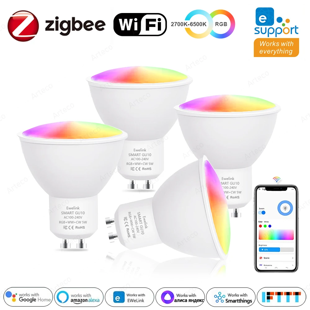 Ewelink GU10 Zigbee LED Bulbs WiFi Smart LED Lamp RGB CW WW Ewelink App Control Led Light Bulb Works With Alexa Google Yandex