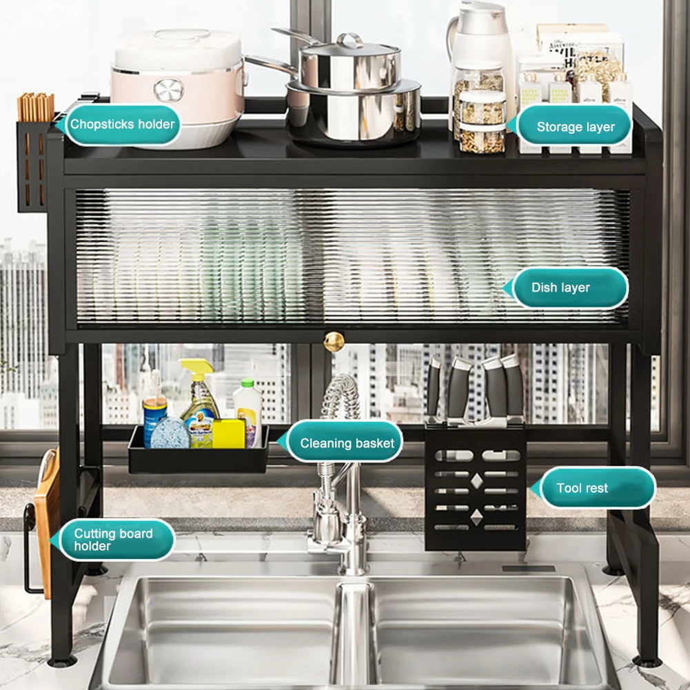 

Kitchen Drain Shelf 3-Tier Kitchen Storage Cabinet Steel Over The Sink Dish Drying Rack Large Over The Sink Dish Rack with Cover