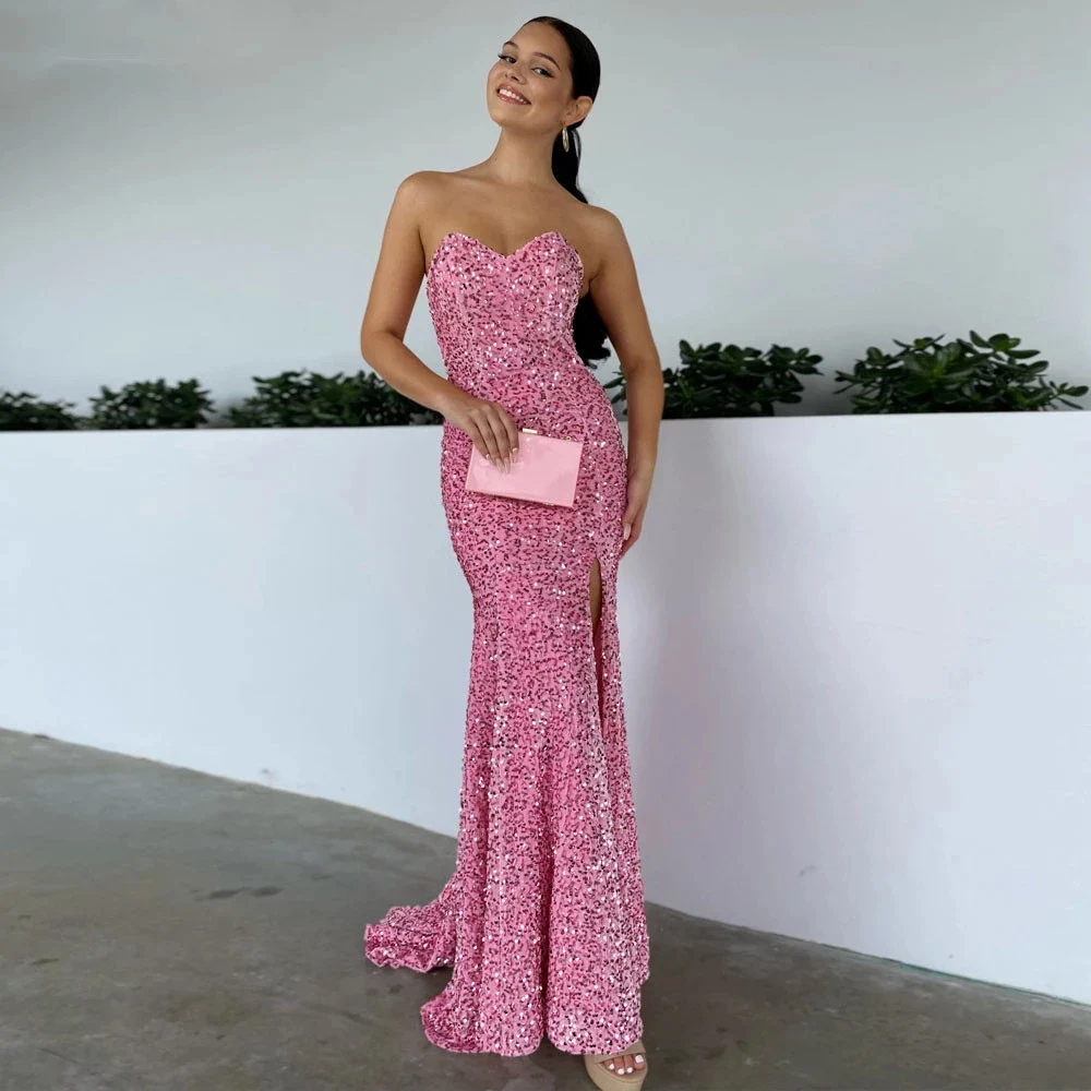 

Pink Strapless Mermaid Evening Gowns Formal Sparkling Sequin Velvet Sexy Party Prom Dresses Robe De Soiree Femme LO2031