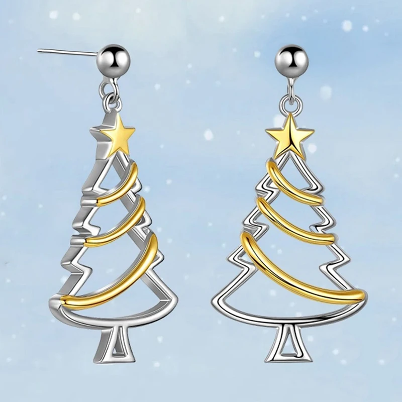 Huitan Hohle Zweifarbige Weihnachtsbaum-Ohrhänger für Damen, Trendige Party-Schmuckstücke, Charmante Stern-Festival-Winter-Ohrringe als Geschenk