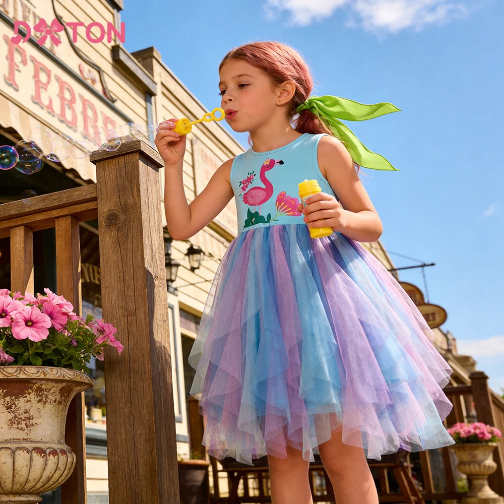 

DXTON Children Casual School Clothing One Piece Vest Dress Cotton Summer Fluffy Mesh Girls Dress Flamingo Kids Vacation Dresses