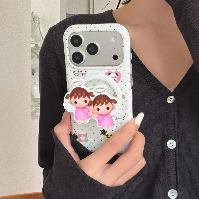 

Korean Polka Dots Cute Animal Magnetic Phone Case For iPhone 17 Pro 15 16 14 Pro Max Cover with Angel Girl Stand For Magsafe Cas