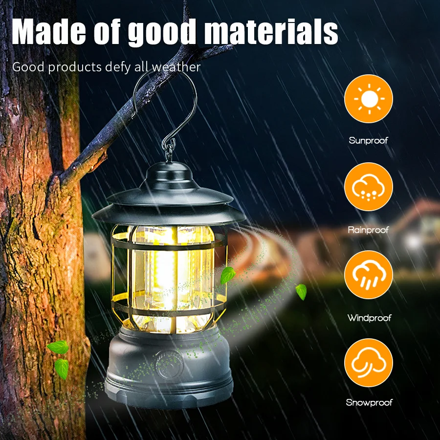ضوء LED خارجي عتيق للتخييم ، يدوم طويلاً ، سطوع قابل للتعديل ، شحن USB