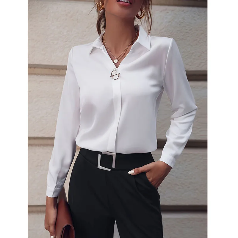 Autumn Elegant V-Neck Women's Blouses Fashion Pearl Decoration Loose Long Sleeved Shirts Casual White Office Lady Shirt Tops