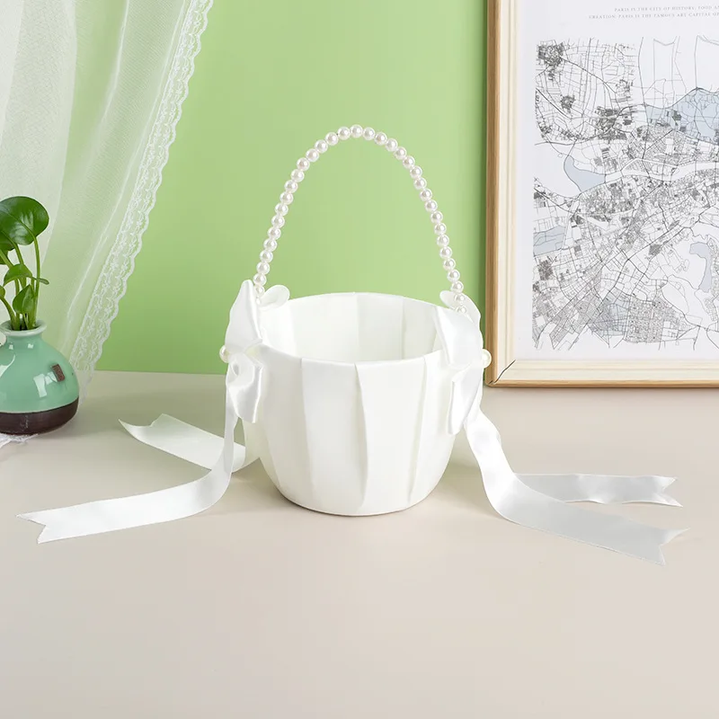20 cm White Flower Girls Basket Silk Wedding Basket for Flower Bride/Kids Hand Held Wedding Ceremony Party Decorations