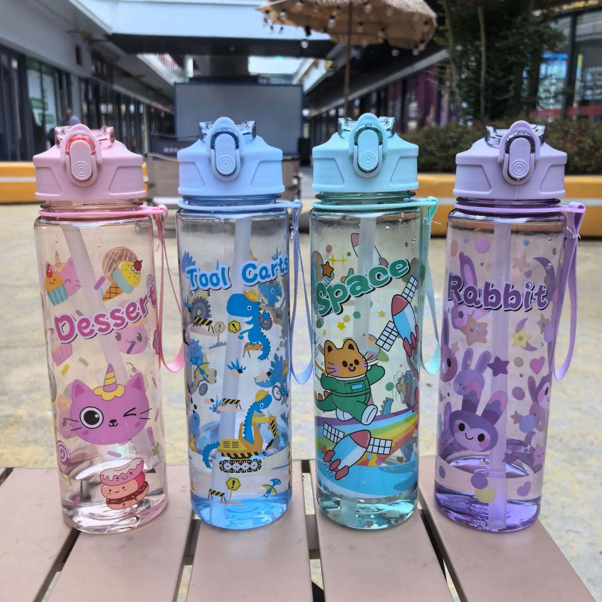 800ML Cartoon Water Cup Plastic Cup Outdoor Sports Water Cup Portable Outdoor Student Rope Water Bottle Straw Cup Gift