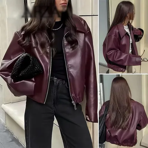 Chaqueta corta de estilo americano Vintage para mujer, Chaqueta corta de color rojo Burdeos liso, chaqueta de cuero elegante de manga larga con cremallera para mujer 2024