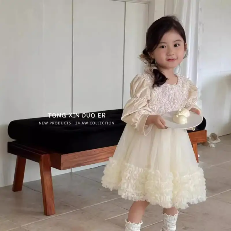 2024 Autumn New Baby Girl Birthday Dress Fashionable Elegant Girls Princess Dresses Sweet Holiday Party Clothing Tulle Ball Gown