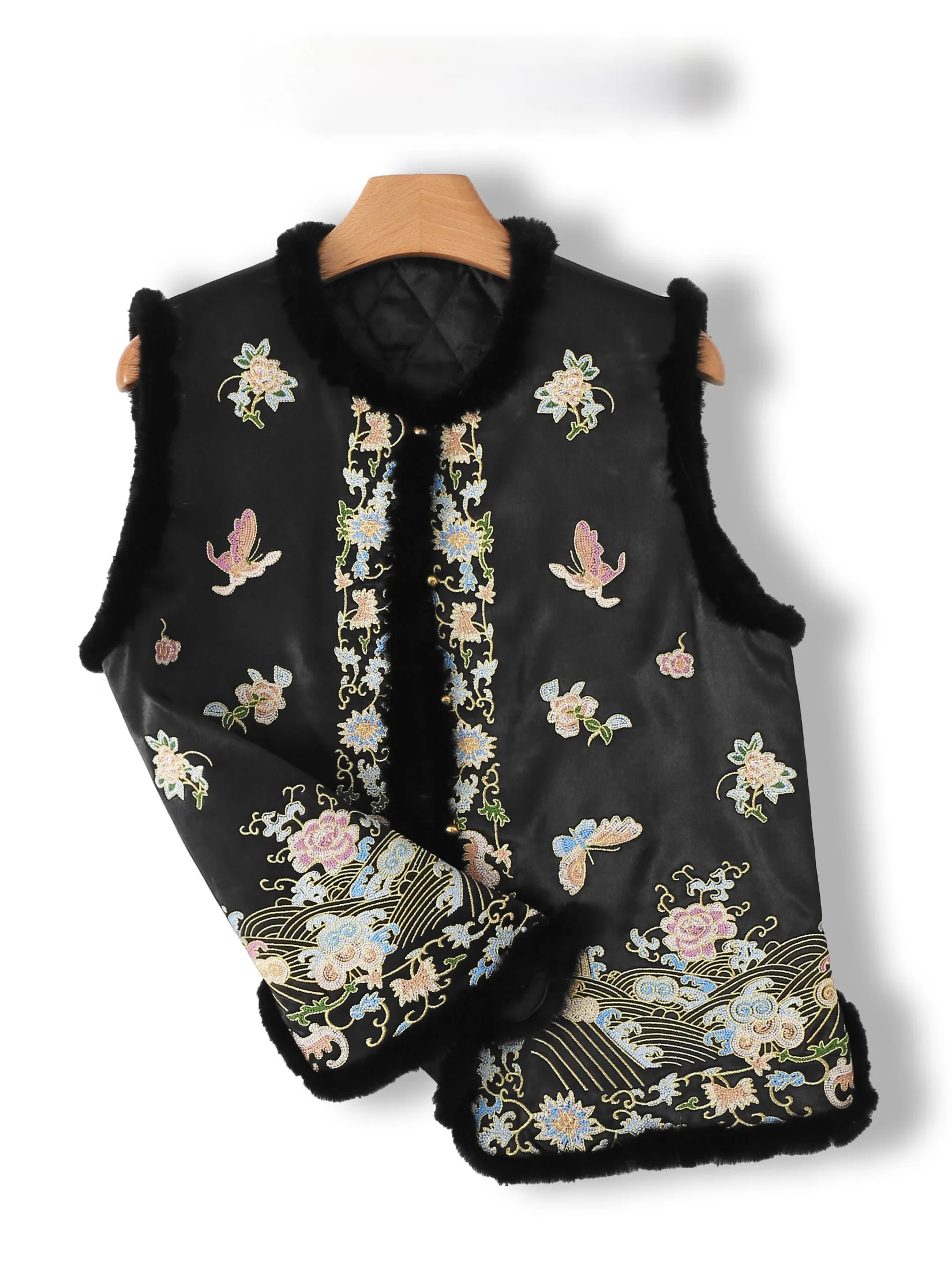 

New Chinese Style Women's Cotton Jacket Vest Heavy Embroidery Water Rabbit Fur Insert Autumn Winter Thickened round Neck Vest