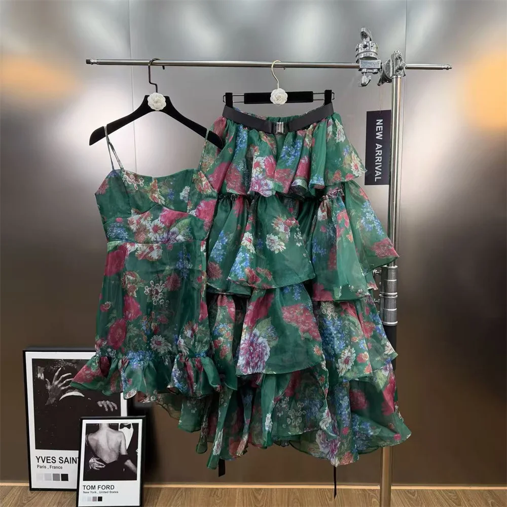 قميص قصير نسائي صيفي 2026 + تنورة طقم مكون من قطعتين، طباعة الأورجانزا، مشد، أنيق، مثير، فستان، Y2K طقم حفلات عصري جديد #3