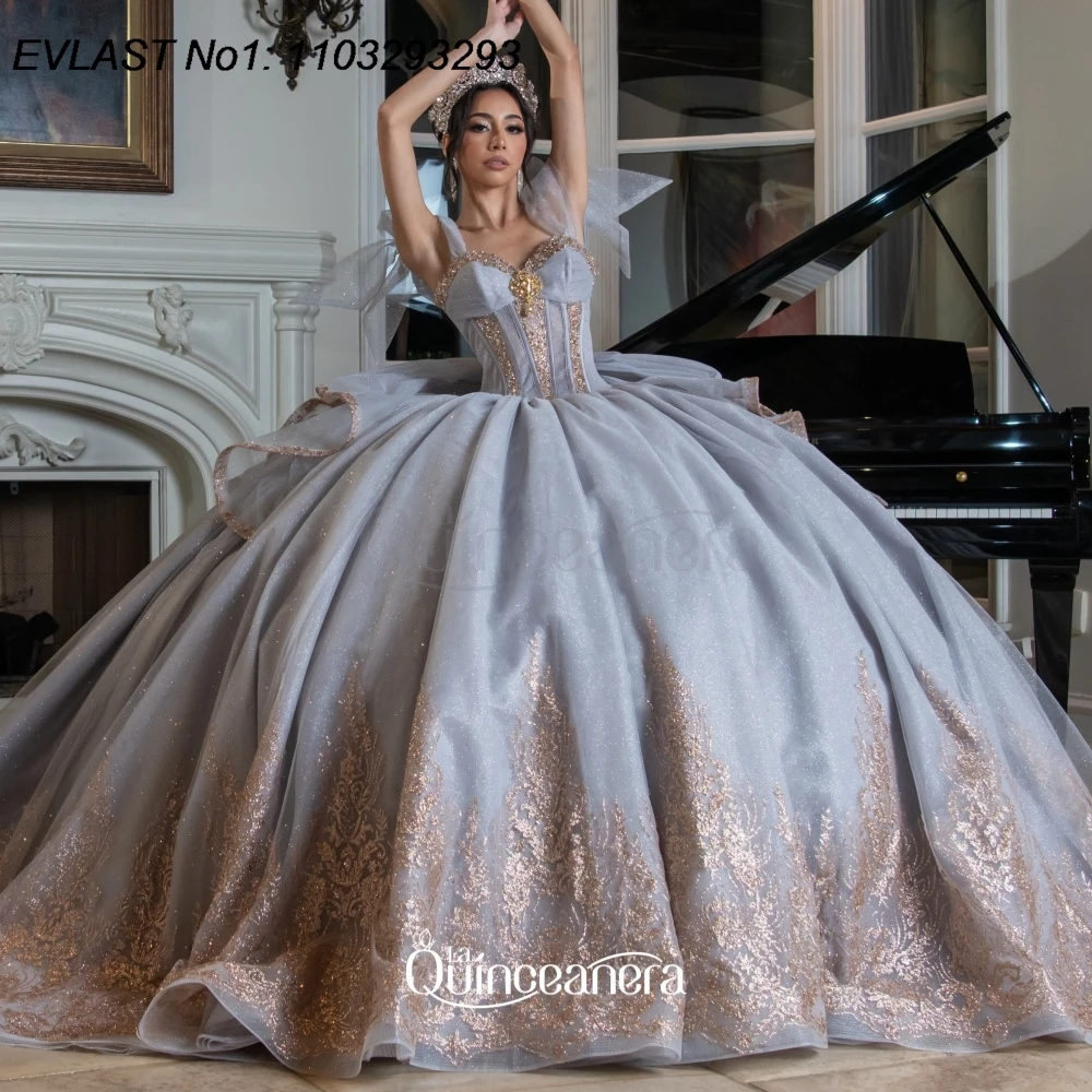 EVLAST Customized Glitter Silver Quinceanera Dress Ball Gown Gold Lace Applique Beaded Tie Party Sweet 16 Dress 15 Años AQ501