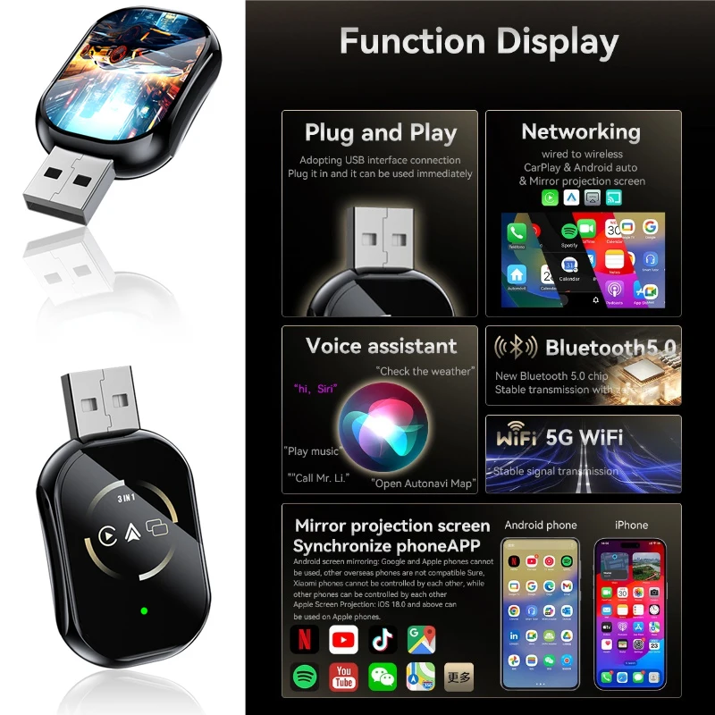 Wired To Wireless Mirrorlink/airplay Carplay Auto Three-In-One Mirror Projection Screen Car Mini Smart Car Adapter Plug and Play