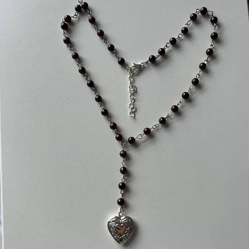 black crystal locket rosary necklace y2k Handmade