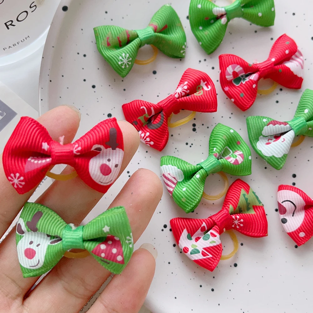 100/10pcs Colorful Small Dog Bows Christmas Puppy Hair Bows Decorate Rubber Bands Pet Headflower Supplier Dog Hair Accessories