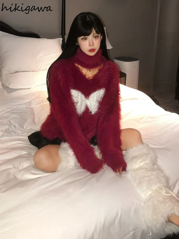 Oversized Pullovers for Women Korean Furry Jumper Pull Femme Fashion Butterfly Mohair Knitted Top Sueter Mujer Casual Sweater