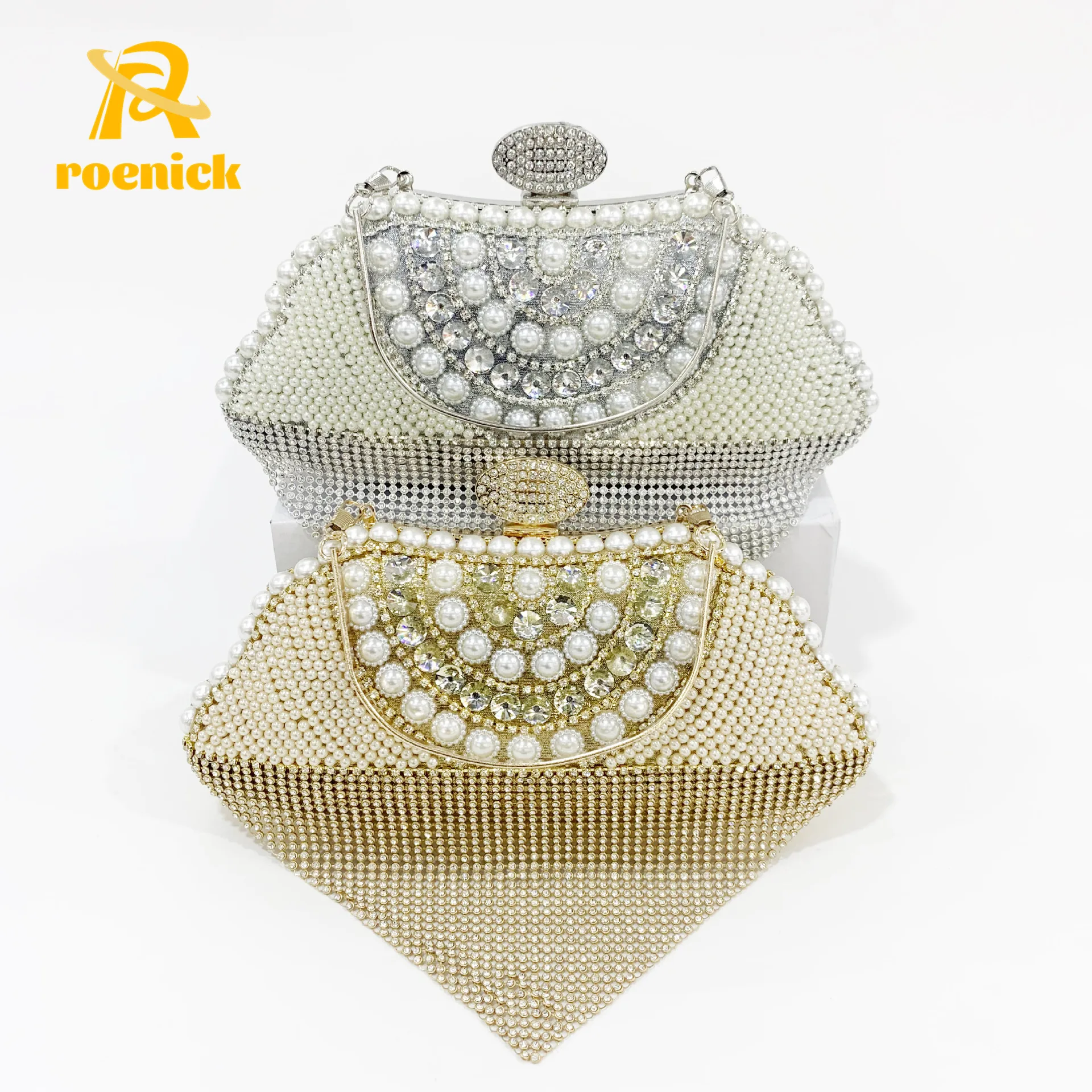 

ROENICK Women Rhinestone Pearl Beaded Evening Bags with Handle Vintage Banquet Party Diamonds Day Clutch Tassel Handbags Purses