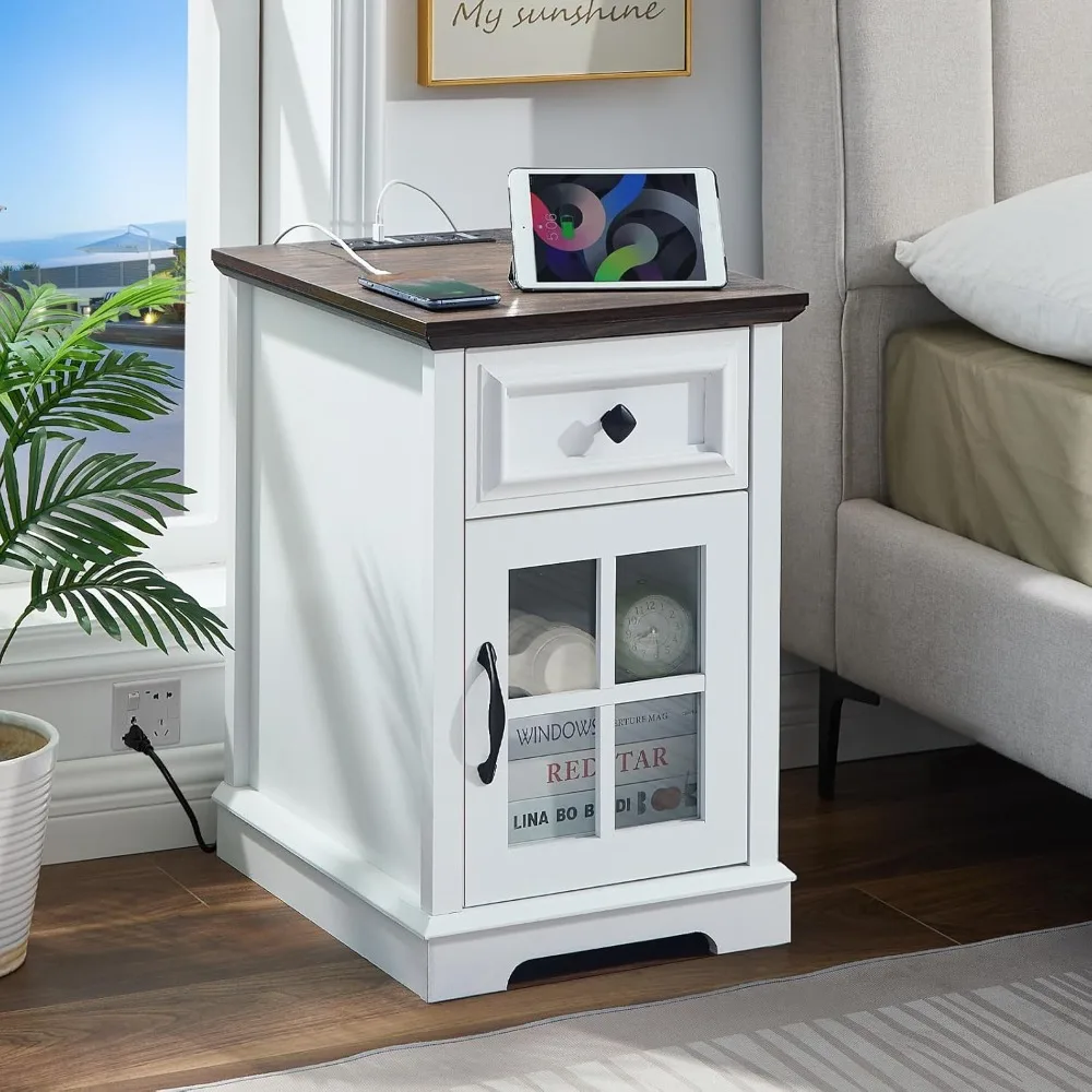 

End Tables with Drawer and Glass Door Storage table Made of engineered wood Surface waterproof and easy to clean End Tables