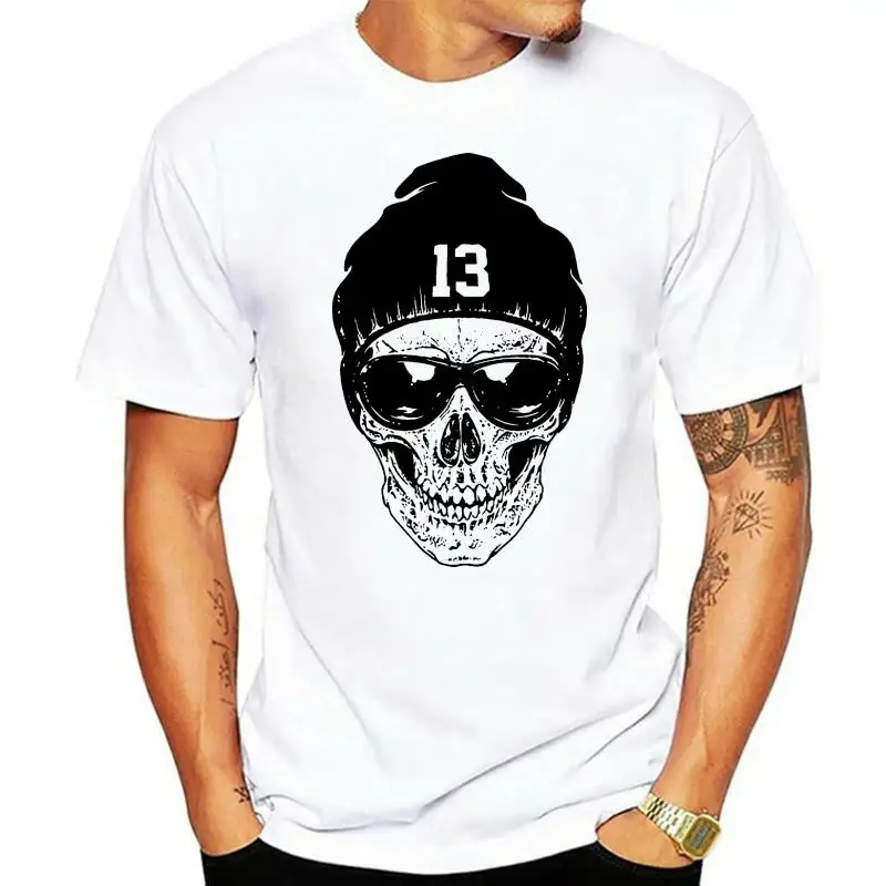 

SKULL BEANIE 13 DEAD HAUNT LUCKY UNLUCKY GLASSES Mens White T-Shirt