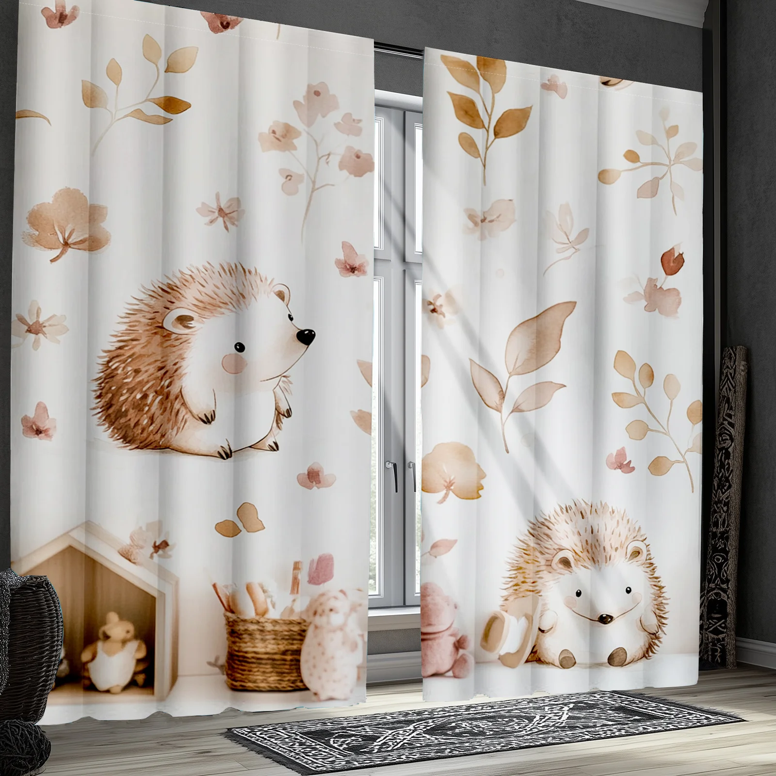 2pc Cute hedgehog print curtains, polyester fabric, machine washable, suitable for bedroom and living room decoration