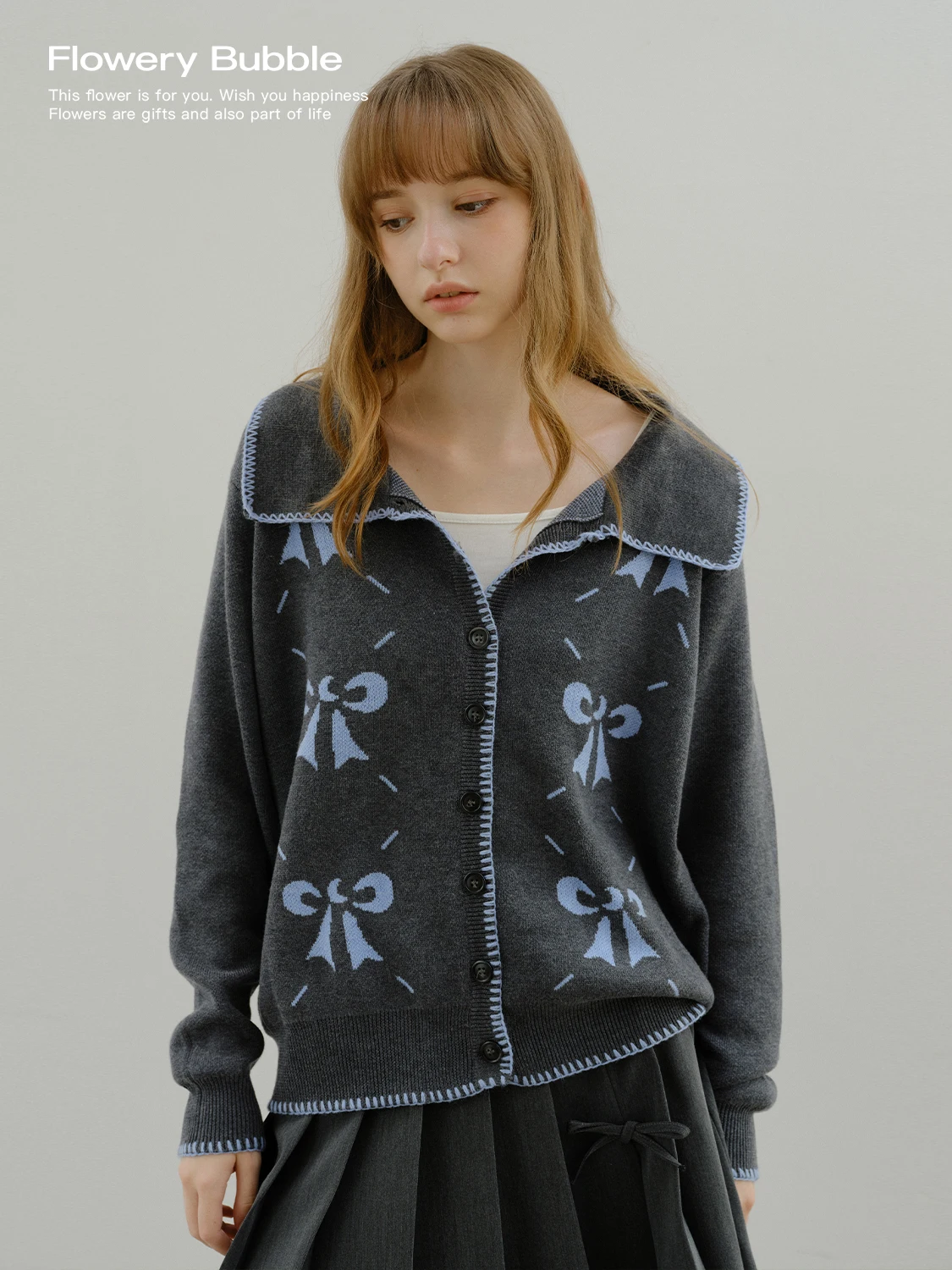 

Свитер-кардиган Blue Isle Knot Lazy Feel Bubble Foam Flower с открытым воротом, свободного кроя, с длинными рукавами, для осеннего сезона