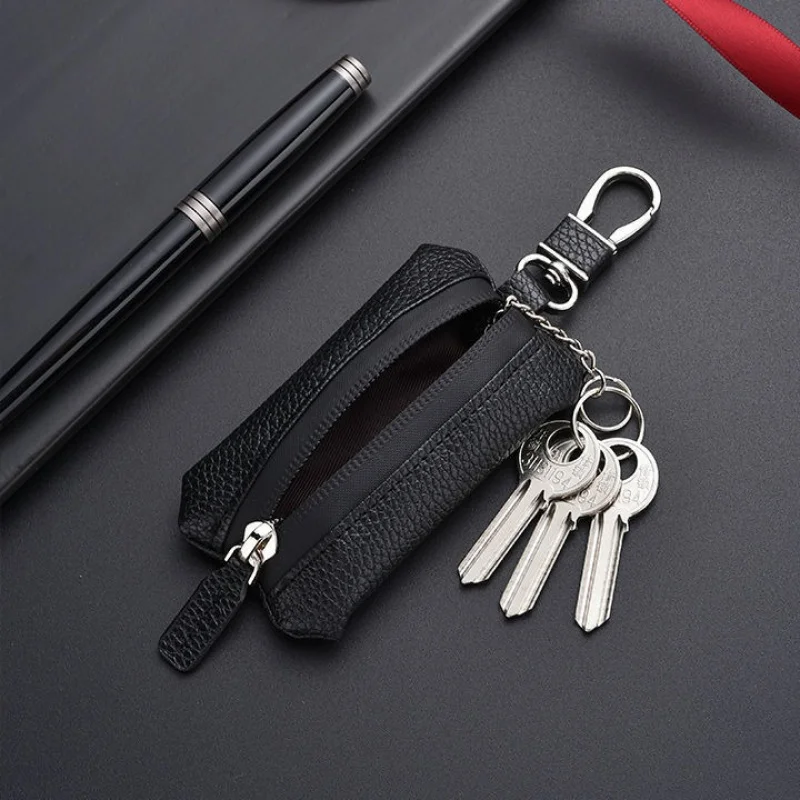 Car Keychain Black Business Car Zipper Fashion Genuine Leather Unisex Universal Key Case Protector，Genuine Leather Small Key Wal