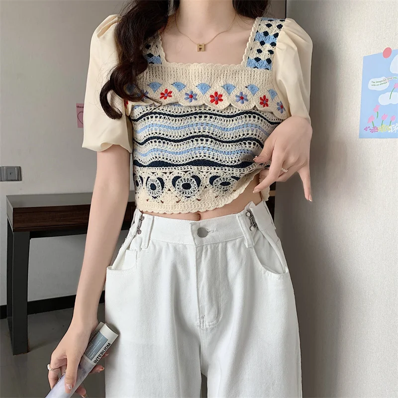 Summer New Design Women's Short Sleeve Knitted Top Square Collar Hollow out Floral Pattern Casual Style Ultra Short Length T-...