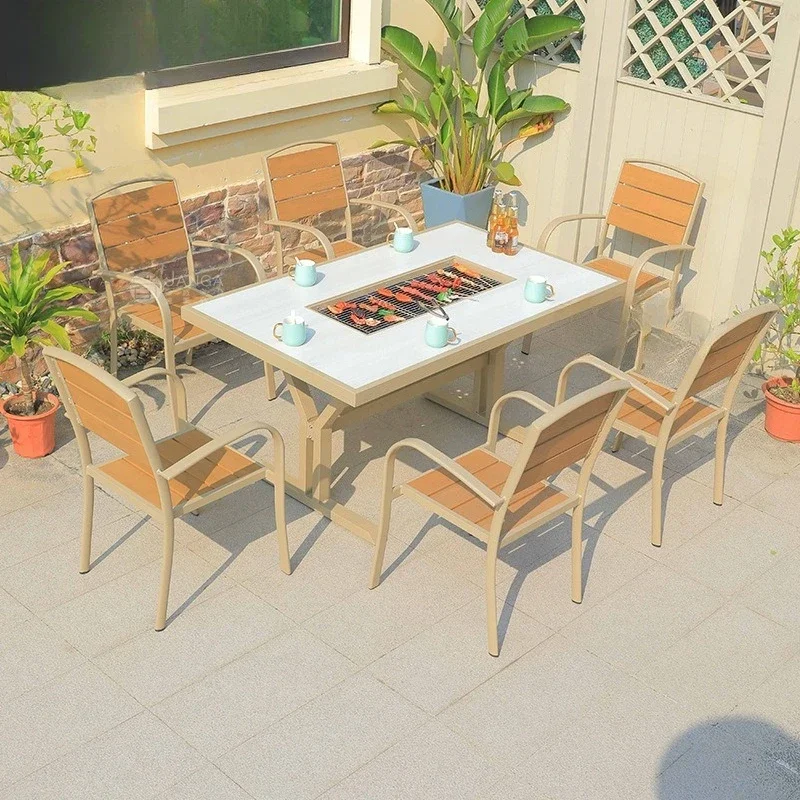 Вилла для отдыха, терраса, барбекю, стол и стулья для улицы, открытый двор, имитация древесины, длинное