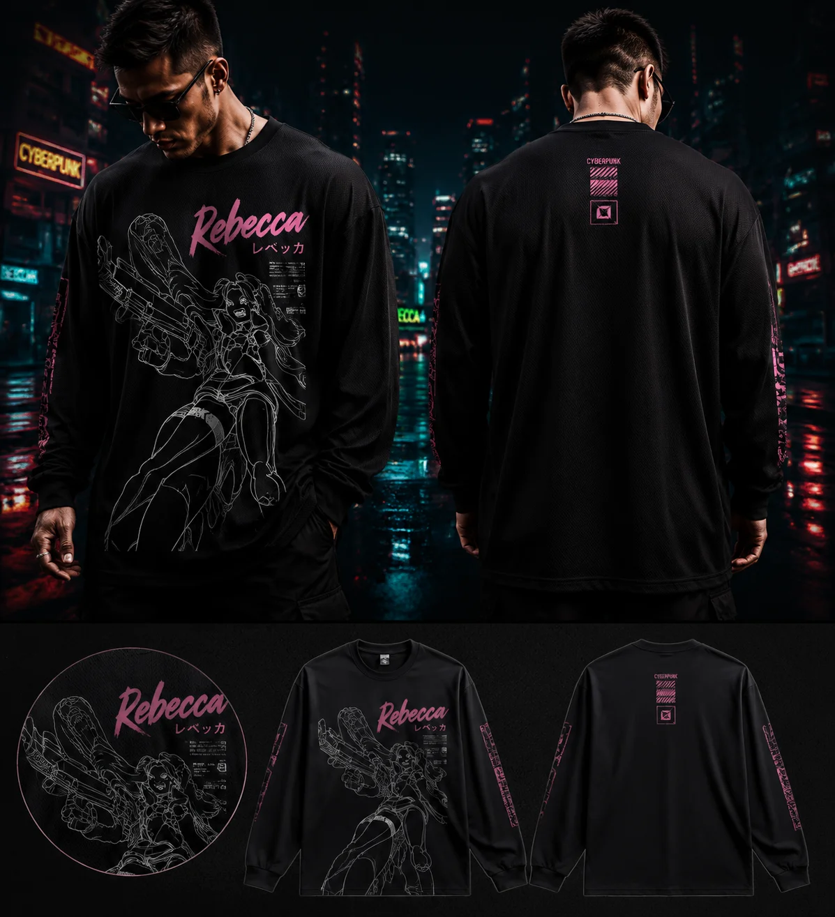 Men's Cyberpunk Edgerunners David Martinez Long‑Sleeve Tee,Anime Cyber Y2K Streetwear,Quick‑Dry Breathable Polyester Fitness Top