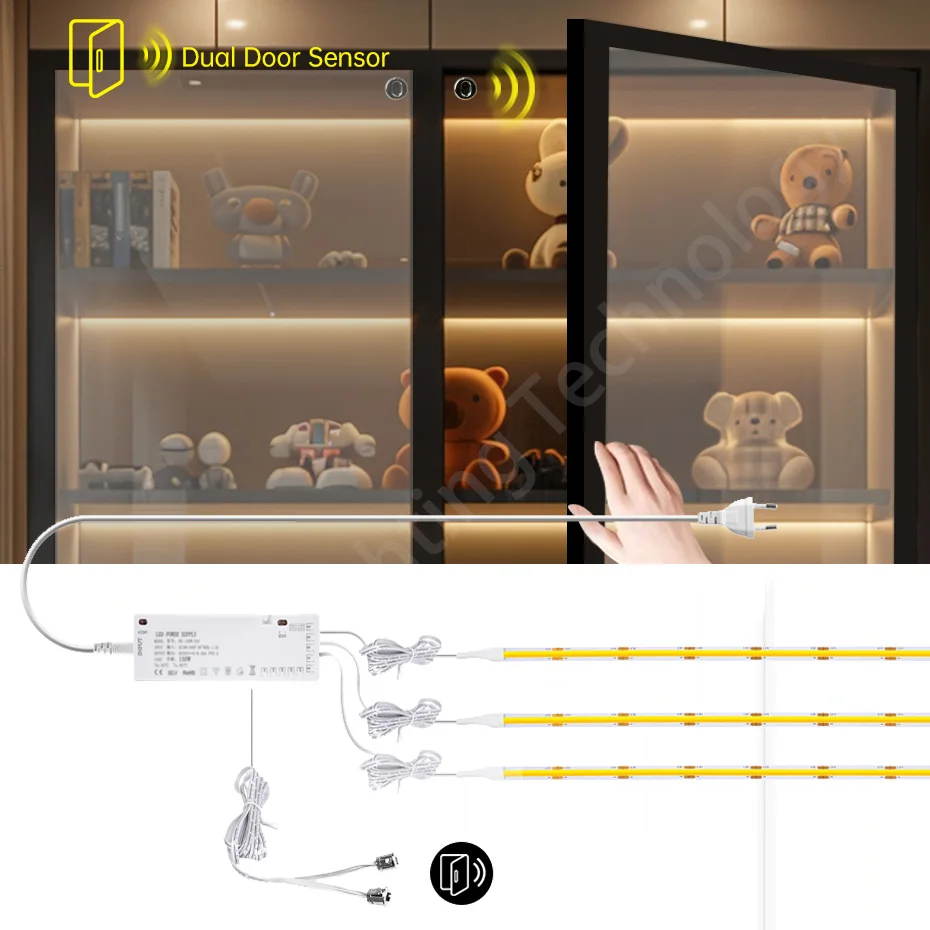 

24V COB LED Tape Light 320LEDs/m 1m-5m with Dual Door Motion Sensor Control for Under Cabinet Glass Shelf Lighting Kitchen Decor