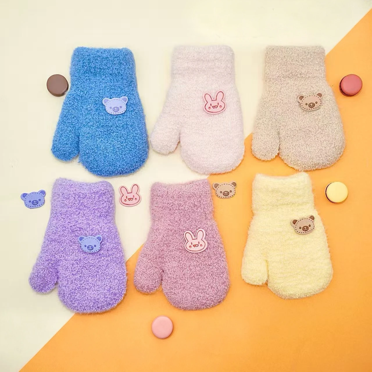 Plush Fleece-lined Knitted Baby Warm Gloves Winter Children Five-finger Mittens 1-4Year Toddler Outdoor Protective Hand Covers