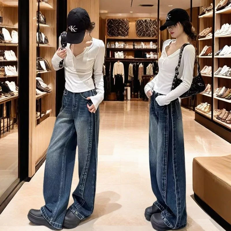 アメリカンレトロワイドレッグジーンズ女性ルーズストレートレッグストレッチフロアレングスパンツ