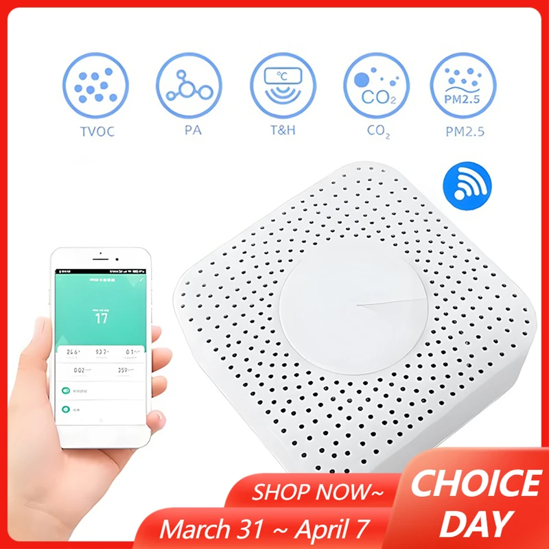 

Умный дом Tuya Wi-Fi 6 в 1, датчик качества воздуха PM2,5/формальдегид/VOC/CO2/тестер температуры/влажности, детектор качества воздуха