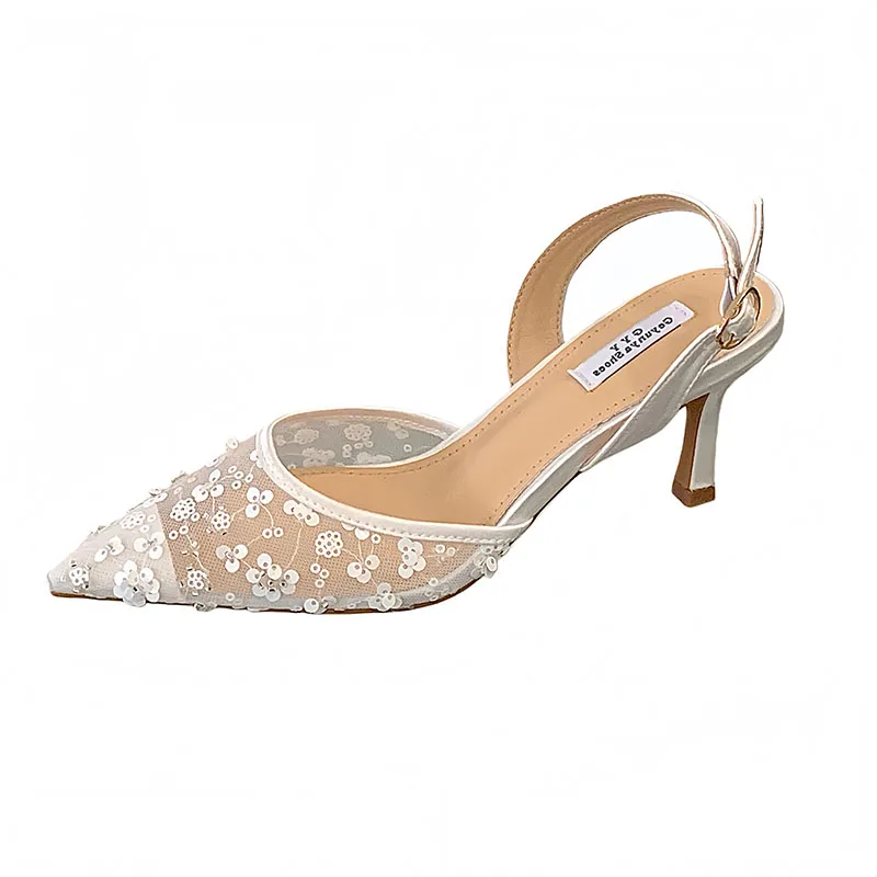 

White Heels Ladies Pionted Toe Slingback Pumps Classy Lace Flowers Simple Heels For Woman Summer Shoes