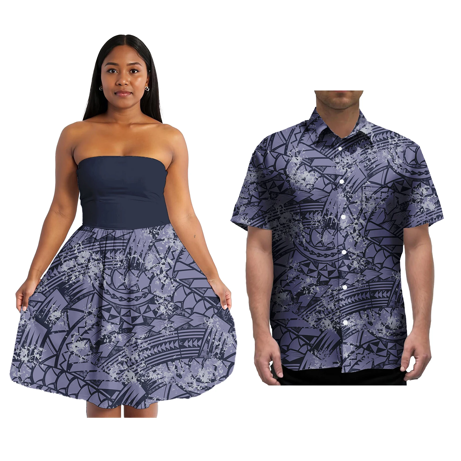ซามัว Puletasi ชุดจับคู่ Aloha Mens เสื้อคู่เสื้อผ้าสไตล์ฮาวายออกแบบโลโก้ที่กําหนดเองผู้หญิงชุดมินิ
