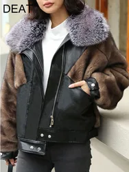 DEAT Block Color Faux Fur Spliced Neck Coat For Women Lapel Long Sleeve Patchwork Zipper Buttons Overcoat Female 2024 New 15C559