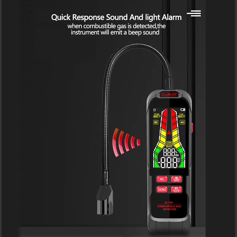 Combustible Gas Leak Detector 0-10000PPM Sound Screen Alarm Combustible Flammable Natural Methane Gas Detector with Flex Probe