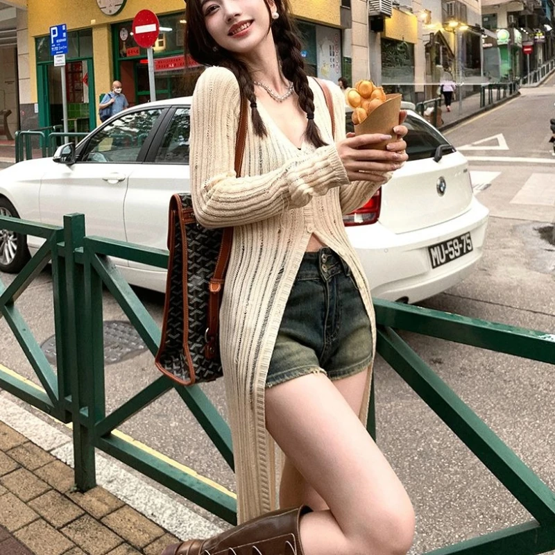 V-neck Knitted Cardigan Women's Summer Long Slim Hollow Thin Blouse