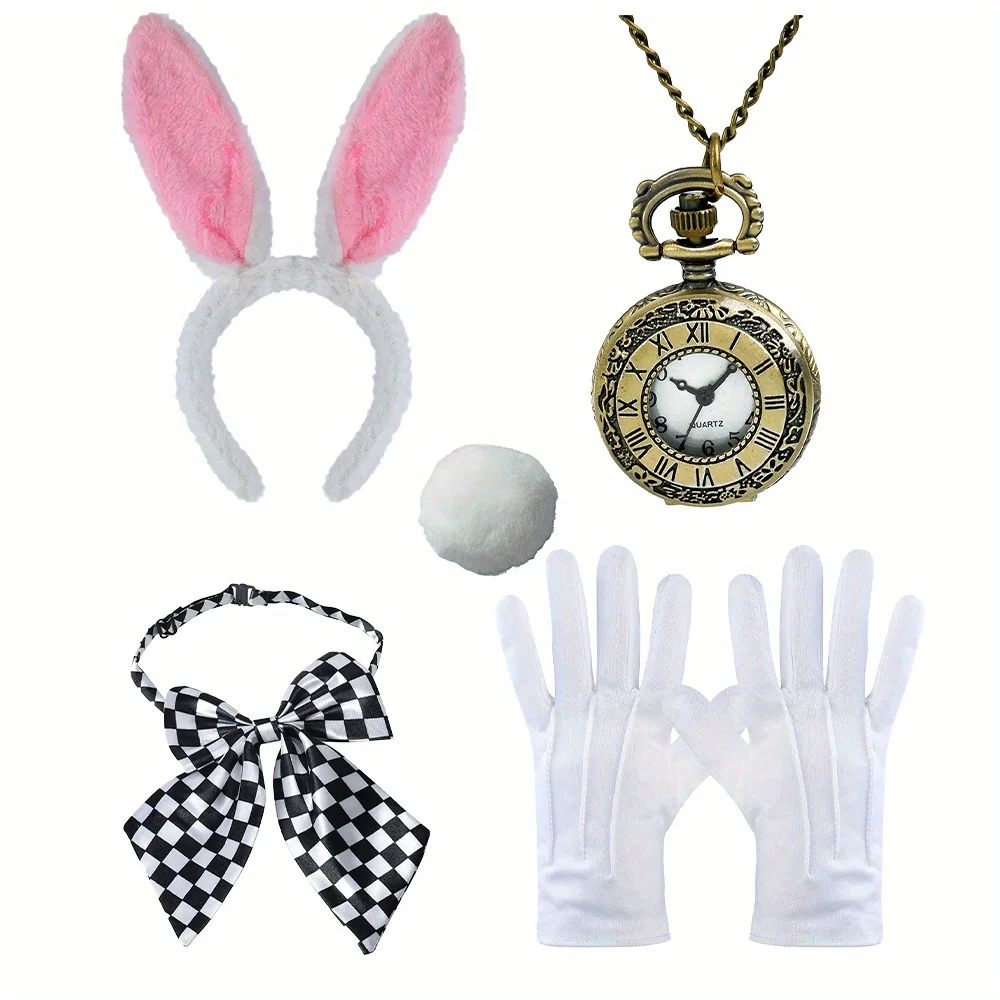 Mad Hatter White Rabbit Cosplay Kit, Bunny Ear Hat Gloves Pocket Watch Bow Tie for Women Kids Halloween Theme Party Decor