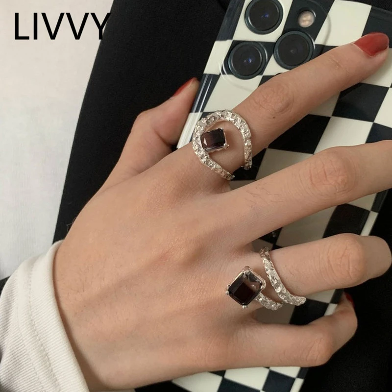 LIVVY جديد فضي اللون الإبداعية غير النظامية الأسود الزركون خواتم للنساء سحر موضة مجوهرات اكسسوارات الحفلات
