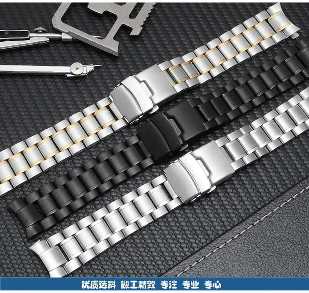 Watch Band 18mm 20mm 22mm 24mm Replacement Curved End Watch Strap Double Lock Buckle Wrist Bracelet Stainless Steel Wristband