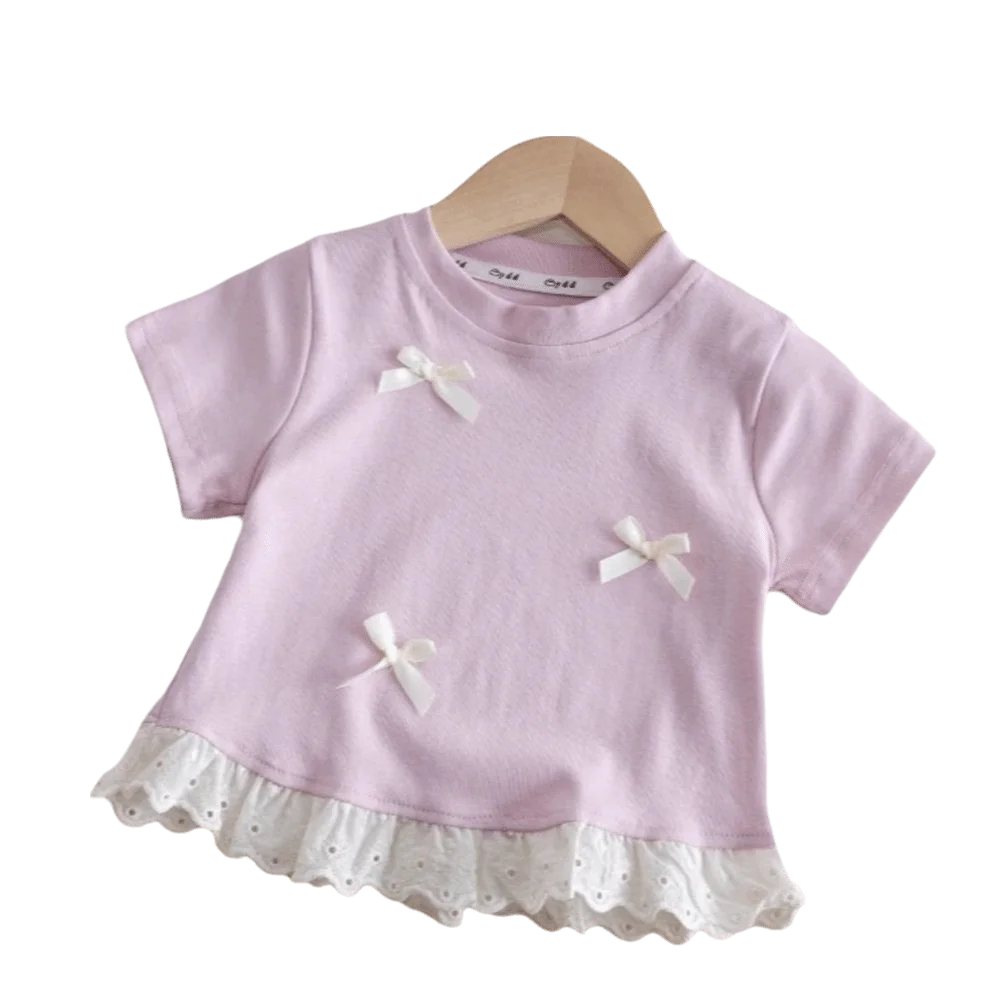 Casual Lace Trim Girls Bow T-shirt Round Neck Sweet Short Sleeve Children's Tops Summer
