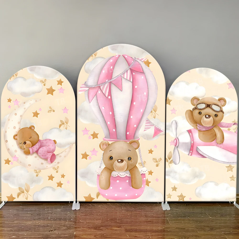 

Pink Bear Theme Arch Backdrop Cover Watercolor for Girls Baby Shower Birthday Party Cute Photo Booth Background Decor Prop