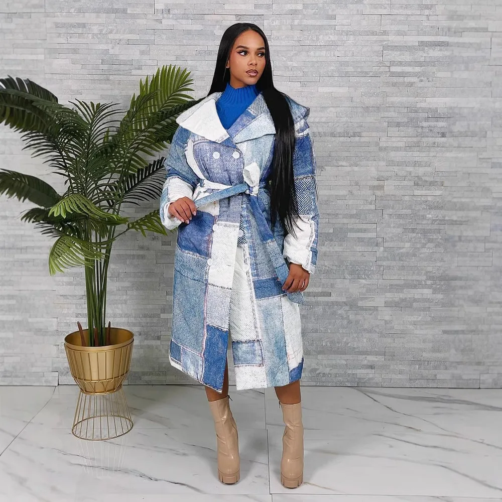 Parkas denim casacos feminino jaqueta longa impressão rendas até mangas compridas turn down collar duplo breasted solto casual 2025 outono inverno